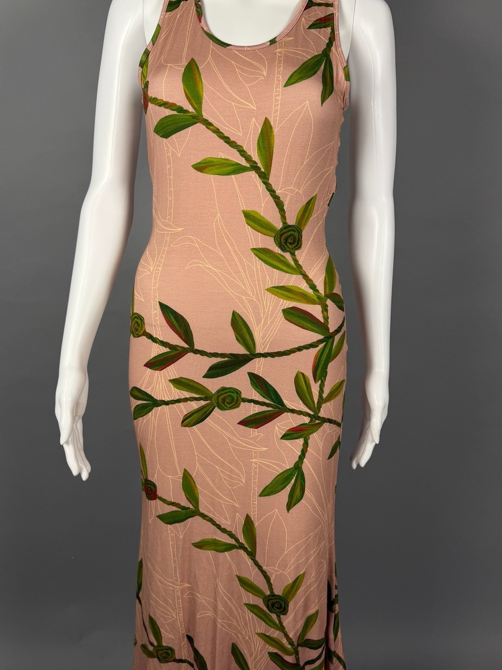 Sleeveless Maxi Dress in Blush Pink with Green Vine Print